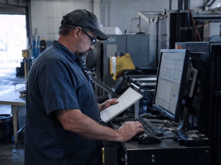 Industrial Worker At Machine Console